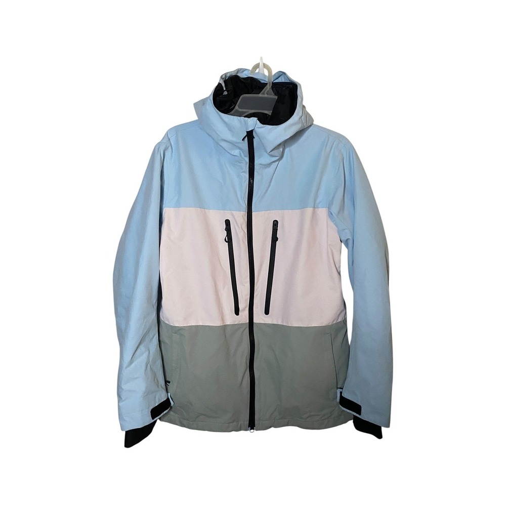 GSOU Snow Mens Blue White Grey Colorblock Hooded Ski Snowboard Jacket Large